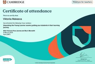Сертификат участия в вебинаре Cambridge «Unpacking the Young Learner exams», 21 марта 2024