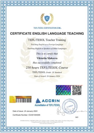 Сертификат TEFL/TESOL на 250 часов, Макеева Виктория Алексеевна, 24 января 2024