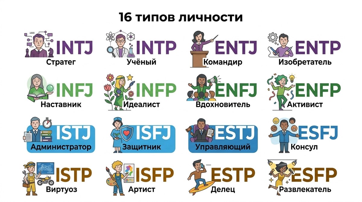 Сетка из 16 типов личности MBTI с буквенными кодами по четырём цветовым группам